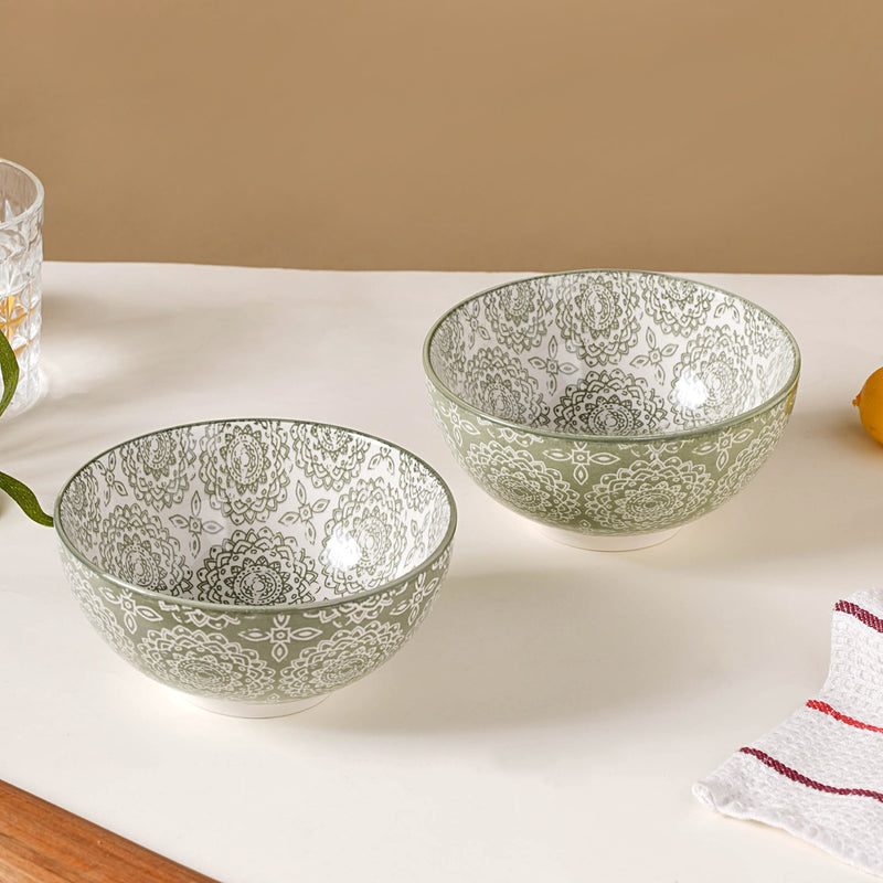 Ethnic Pattern Snack Bowl Sage Green Set Of 2 500ml - Bowl, ceramic bowl, serving bowls, noodle bowl, salad bowls, bowl for snacks, large serving bowl | Bowls for dining table & home decor