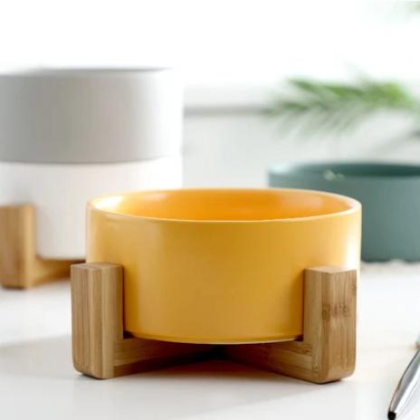 MERRY Bowl with wooden stand - Yellow - Salad bowls, Serving bowls, bowl for snacks, noodle bowl, snack serving bowls | Bowls for dining table & home decor