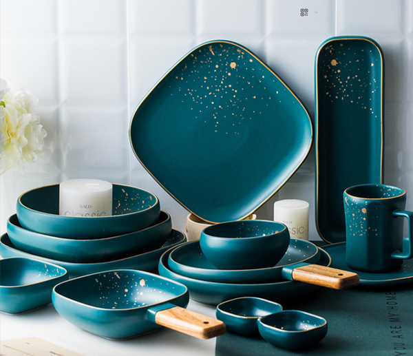 CARA long plate - midnight green - Ceramic platter, serving platter, fruit platter | Plates for dining table & home decor