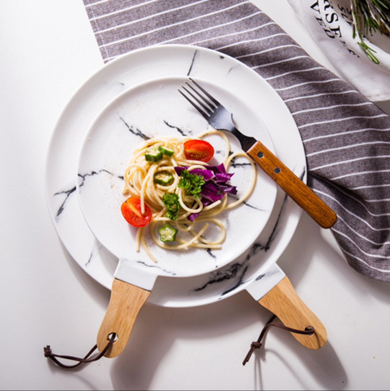 CHICERAMIC marble plate with wooden handle - S - Ceramic platter, serving platter, fruit platter, snack plate | Plates for dining table & home decor
