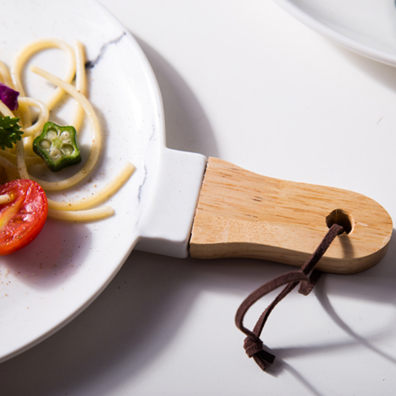 CHICERAMIC marble plate with wooden handle - S - Ceramic platter, serving platter, fruit platter, snack plate | Plates for dining table & home decor
