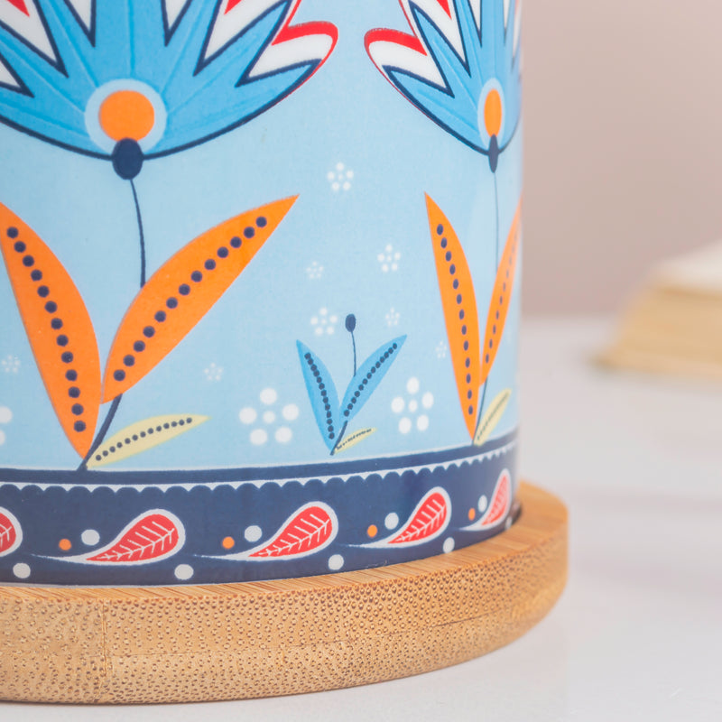 Cerulean Bloom Botanical Planter With Wooden Coaster - Indoor planters and flower pots | Home decor items