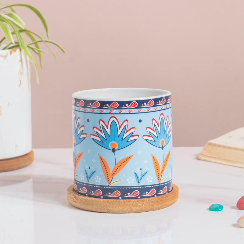 Cerulean Bloom Botanical Planter With Wooden Coaster - Indoor planters and flower pots | Home decor items