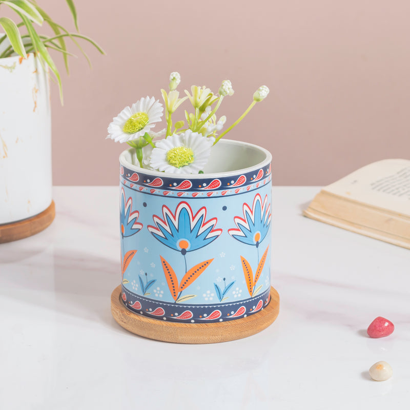 Cerulean Bloom Botanical Planter With Wooden Coaster - Indoor planters and flower pots | Home decor items