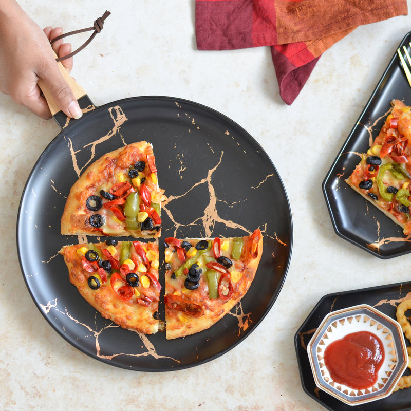 Black Marble Gold Detailed Platter With Handle - Serving plate, snack plate, ceramic dinner plates| Plates for dining table & home decor