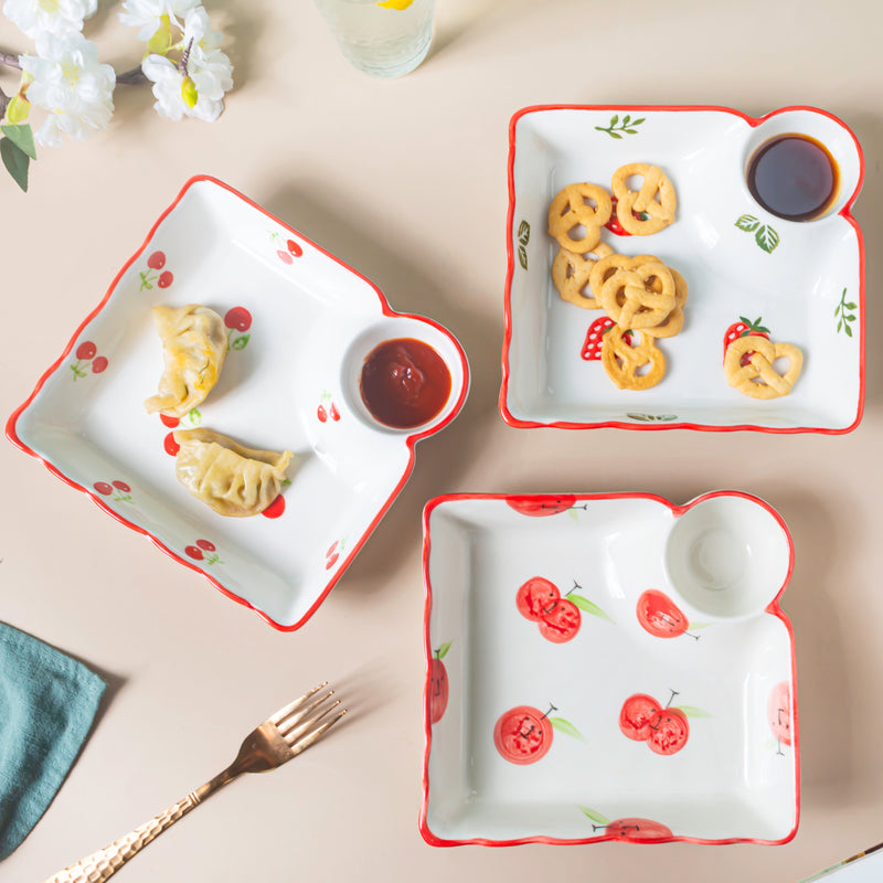 Cherry On Top Sectioned Plate Red - Serving plate, snack plate, momo plate, plate with compartment | Plates for dining table & home decor