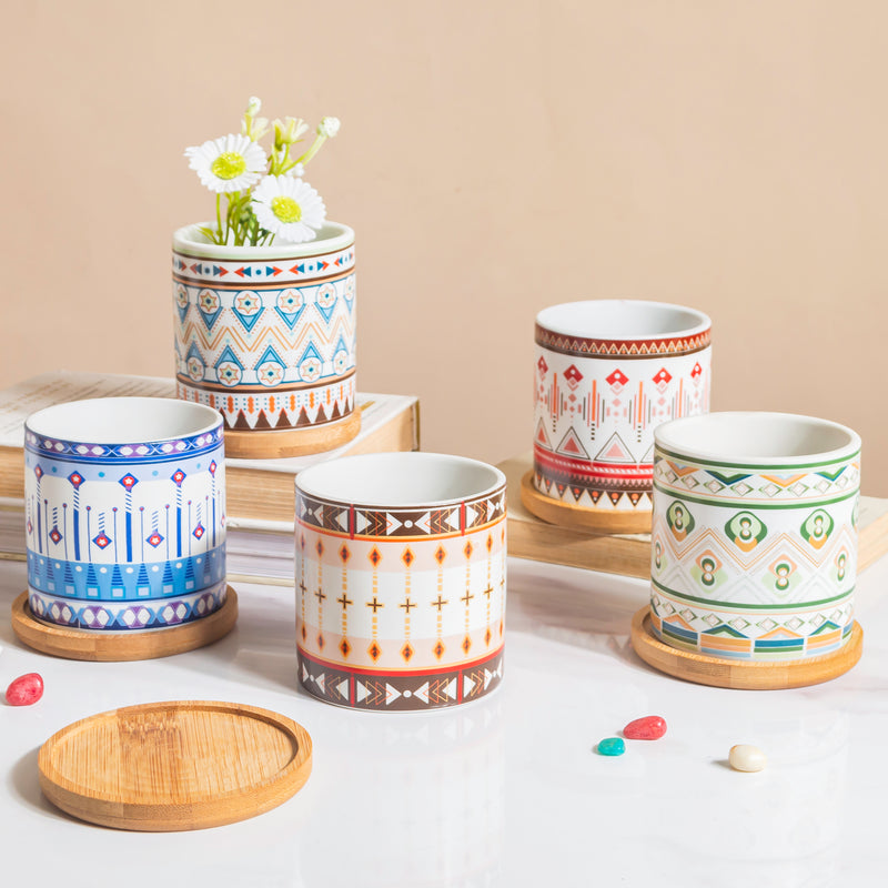 Noor Art Multicolor Ceramic Planter With Wooden Coaster - Plant pot and plant stands | Room decor items