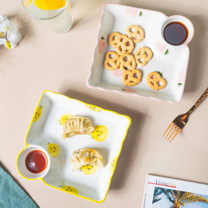 Pear Bear Section Plate Yellow - Serving plate, snack plate, momo plate, plate with compartment | Plates for dining table & home decor