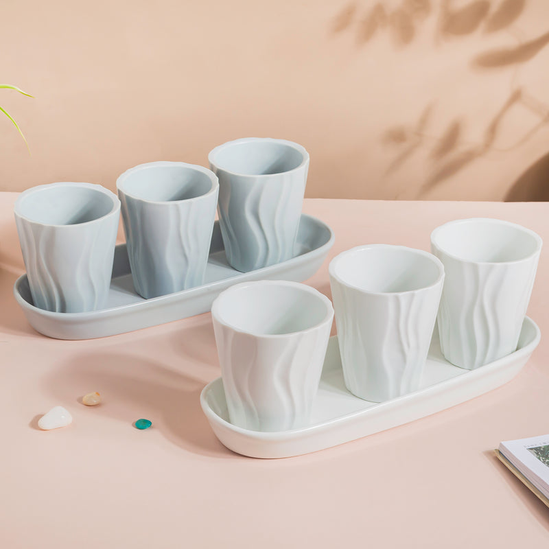 Ternion Wavy Textured Planter Set Of 3 With Plate Grey - Indoor planters and flower pots | Home decor items
