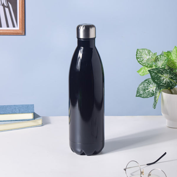 Glossy Black Stainless Steel Water Bottle 1000ml