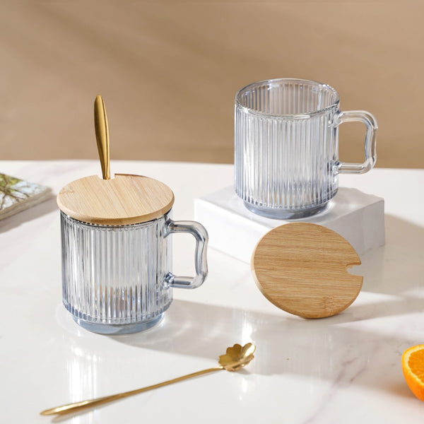 Aurora Ribbed Grey Glass Mug With Lid And Spoon Set Of 2 350 ml- Mug for coffee, tea mug, cappuccino mug | Cups and Mugs for Coffee Table & Home Decor