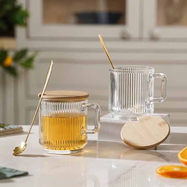 Aurora Transparent Glass Mug With Lid And Spoon Set Of 2 350 ml- Mug for coffee, tea mug, cappuccino mug | Cups and Mugs for Coffee Table & Home Decor