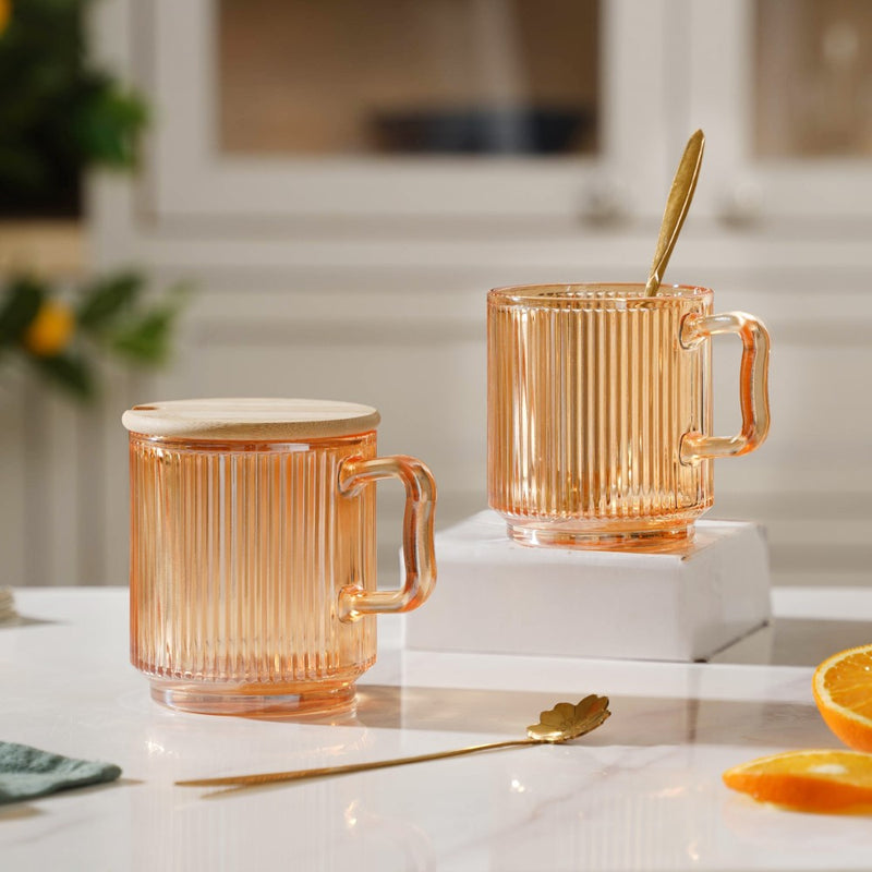 Aurora Ribbed Amber Glass Mug With Lid And Spoon Set Of 2 350 ml- Mug for coffee, tea mug, cappuccino mug | Cups and Mugs for Coffee Table & Home Decor
