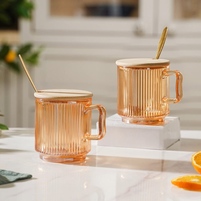 Aurora Ribbed Amber Glass Mug With Lid And Spoon Set Of 2 350 ml- Mug for coffee, tea mug, cappuccino mug | Cups and Mugs for Coffee Table & Home Decor