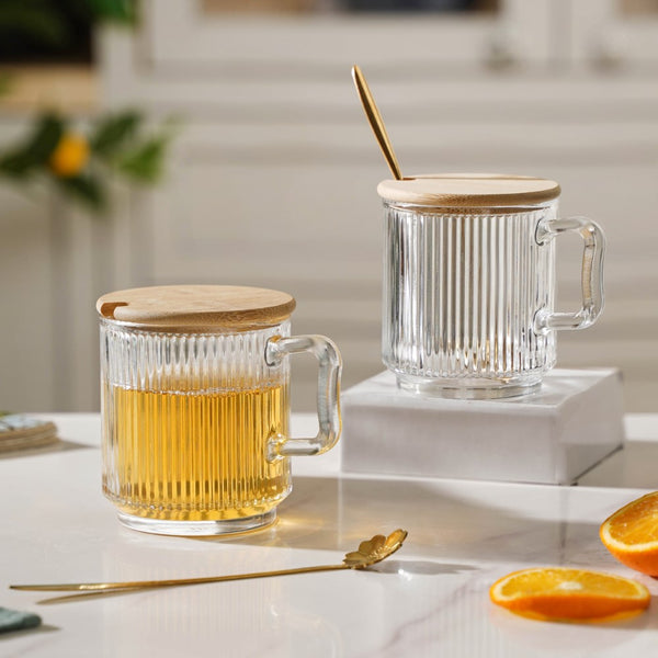 Aurora Transparent Glass Mug With Lid And Spoon Set Of 2 350 ml- Mug for coffee, tea mug, cappuccino mug | Cups and Mugs for Coffee Table & Home Decor