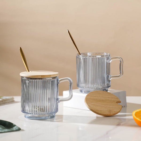 Aurora Ribbed Grey Glass Mug With Lid And Spoon Set Of 2 350 ml- Mug for coffee, tea mug, cappuccino mug | Cups and Mugs for Coffee Table & Home Decor