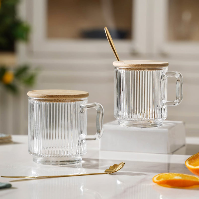 Aurora Transparent Glass Mug With Lid And Spoon Set Of 2 350 ml- Mug for coffee, tea mug, cappuccino mug | Cups and Mugs for Coffee Table & Home Decor