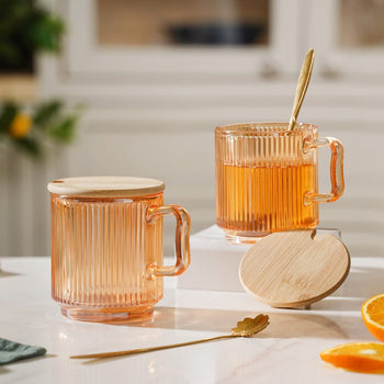 Aurora Ribbed Amber Glass Mug With Lid And Spoon Set Of 2 350 ml- Mug for coffee, tea mug, cappuccino mug | Cups and Mugs for Coffee Table & Home Decor