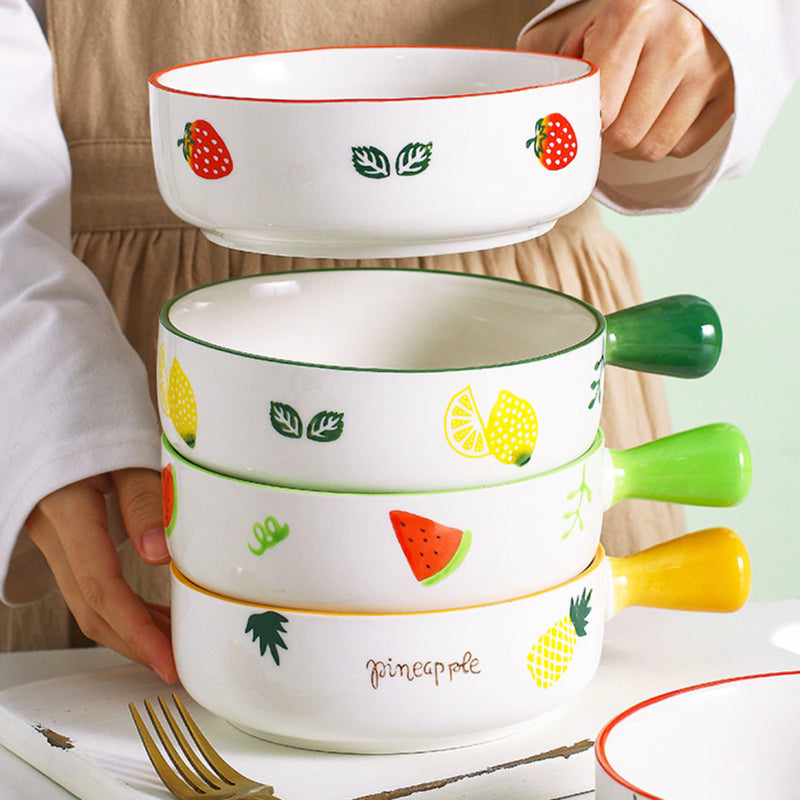 Fruit Printed Bowl With Handle - Ceramic bowl, salad bowls, snack bowls, bowl with handle, oven bowl | Bowls for dining table & home decor