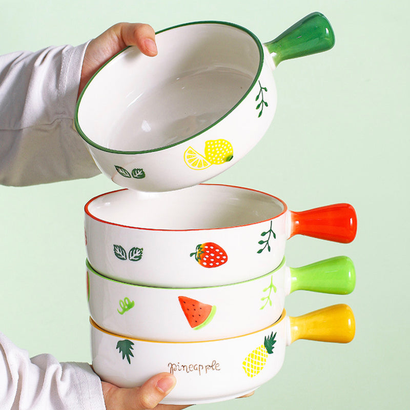 Fruit Printed Bowl With Handle - Ceramic bowl, salad bowls, snack bowls, bowl with handle, oven bowl | Bowls for dining table & home decor