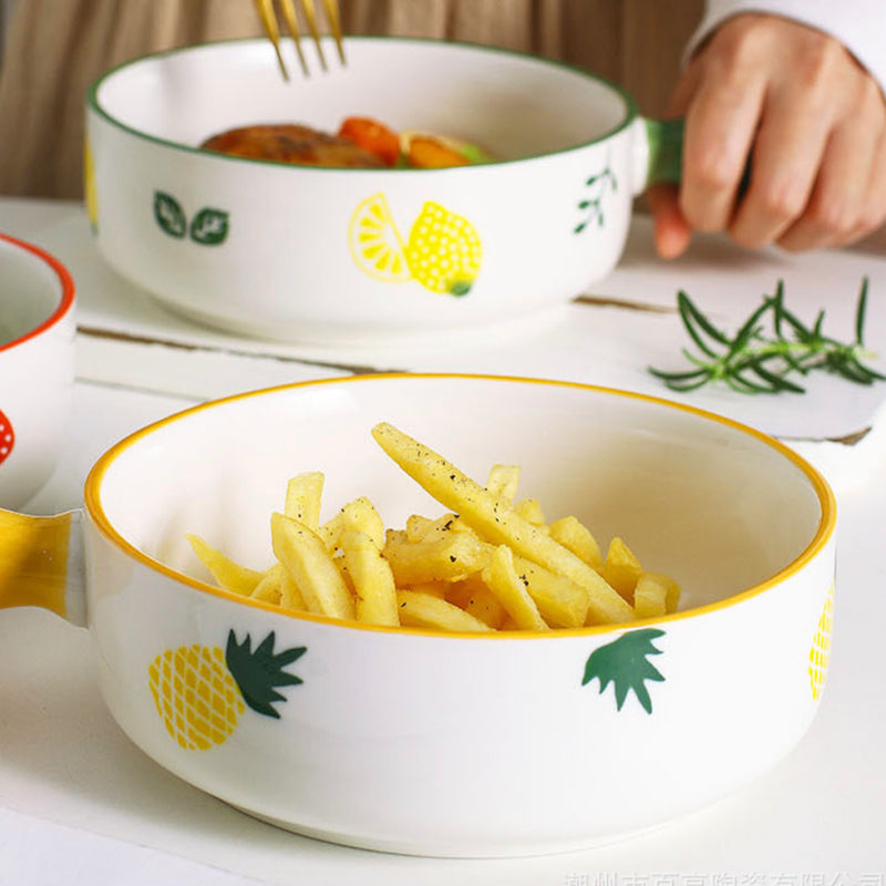 Fruit Printed Bowl With Handle - Ceramic bowl, salad bowls, snack bowls, bowl with handle, oven bowl | Bowls for dining table & home decor