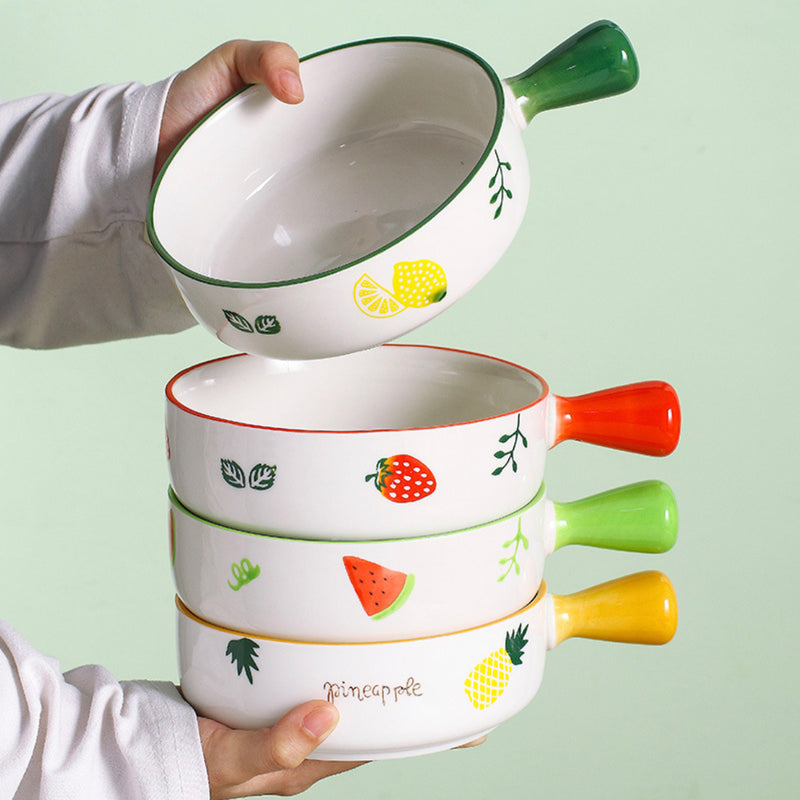 Fruit Printed Bowl With Handle - Ceramic bowl, salad bowls, snack bowls, bowl with handle, oven bowl | Bowls for dining table & home decor