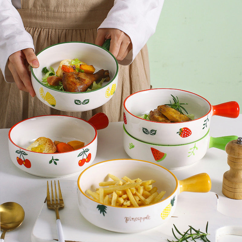 Fruit Printed Bowl With Handle - Ceramic bowl, salad bowls, snack bowls, bowl with handle, oven bowl | Bowls for dining table & home decor