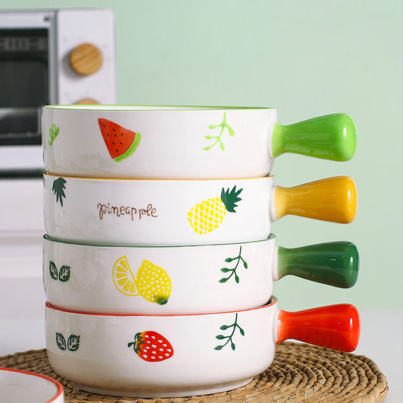 Fruit Printed Bowl With Handle - Ceramic bowl, salad bowls, snack bowls, bowl with handle, oven bowl | Bowls for dining table & home decor