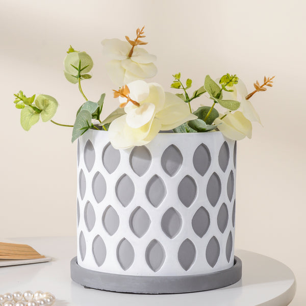 Grey Scalloped Plant Pot With Plate - Indoor planters and flower pots | Home decor items