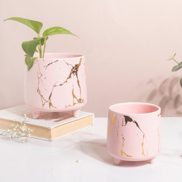 Halcyon Gold Pink Marble Ceramic Planter With Legs Large - Indoor planters and flower pots | Home decor items