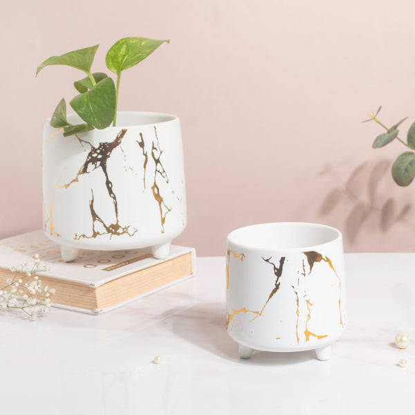 Halcyon Gold White Marble Ceramic Planter With Legs Large - Indoor planters and flower pots | Home decor items