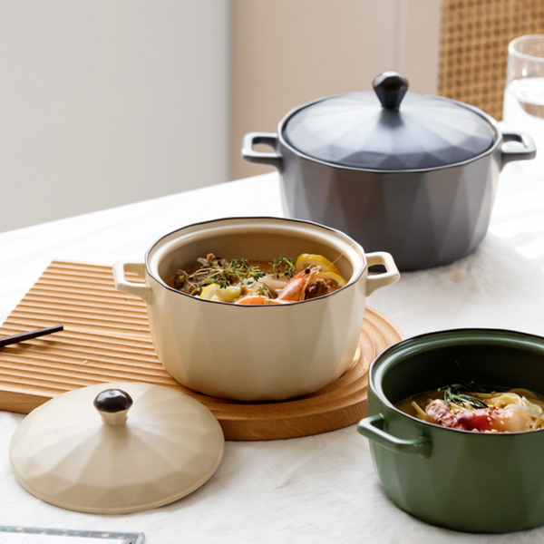 Ceramic Cooking Pot Large - Serving bowl with lid, ceramic bowls with lids, noodle bowl, oven bowl, bowl with handle | Bowls for dining table & home decor