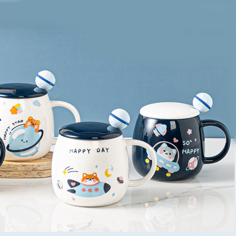 Space Animal Cup With Lid and Spoon- Mug for coffee, tea mug, cappuccino mug | Cups and Mugs for Coffee Table & Home Decor