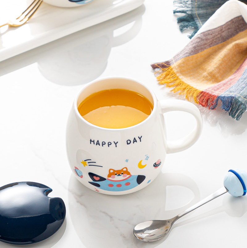 Space Animal Cup With Lid and Spoon- Mug for coffee, tea mug, cappuccino mug | Cups and Mugs for Coffee Table & Home Decor
