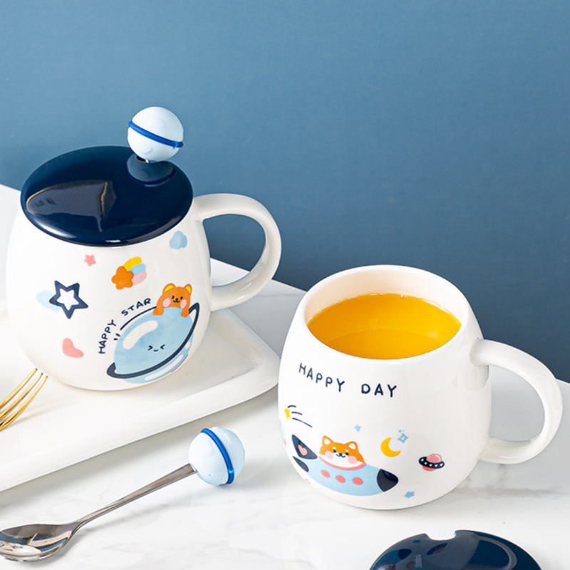 Space Animal Cup With Lid and Spoon- Mug for coffee, tea mug, cappuccino mug | Cups and Mugs for Coffee Table & Home Decor