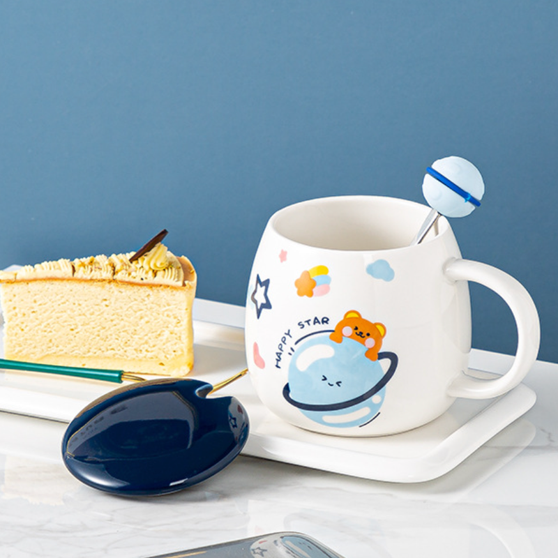 Space Animal Cup With Lid and Spoon- Mug for coffee, tea mug, cappuccino mug | Cups and Mugs for Coffee Table & Home Decor