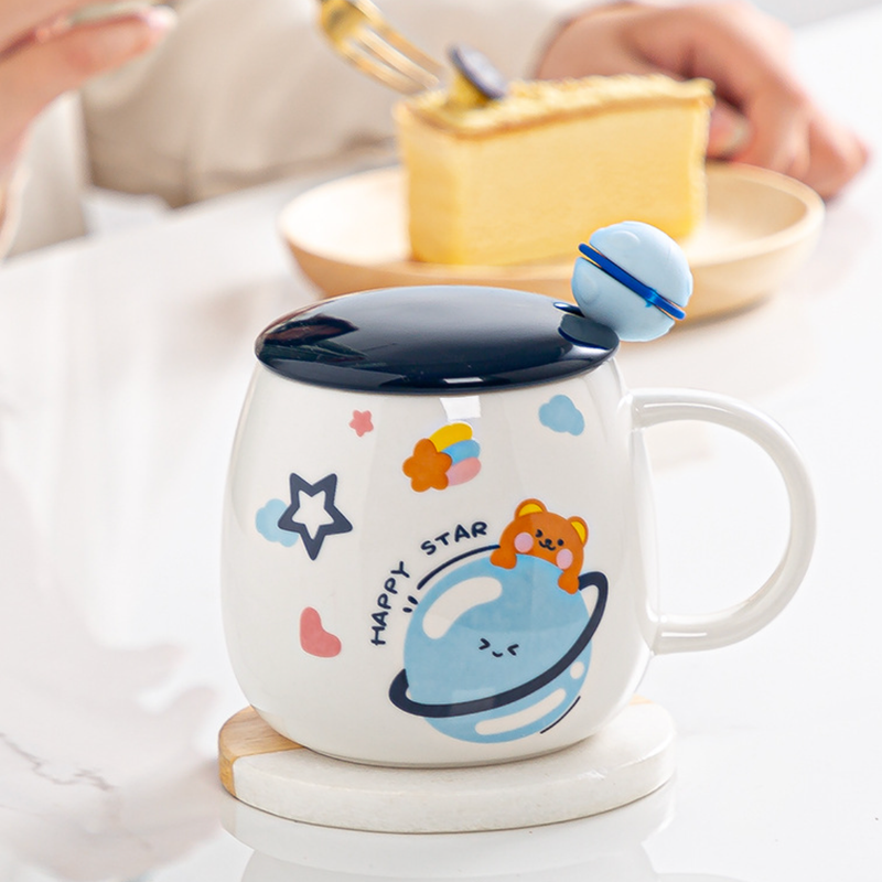 Space Animal Cup With Lid and Spoon- Mug for coffee, tea mug, cappuccino mug | Cups and Mugs for Coffee Table & Home Decor