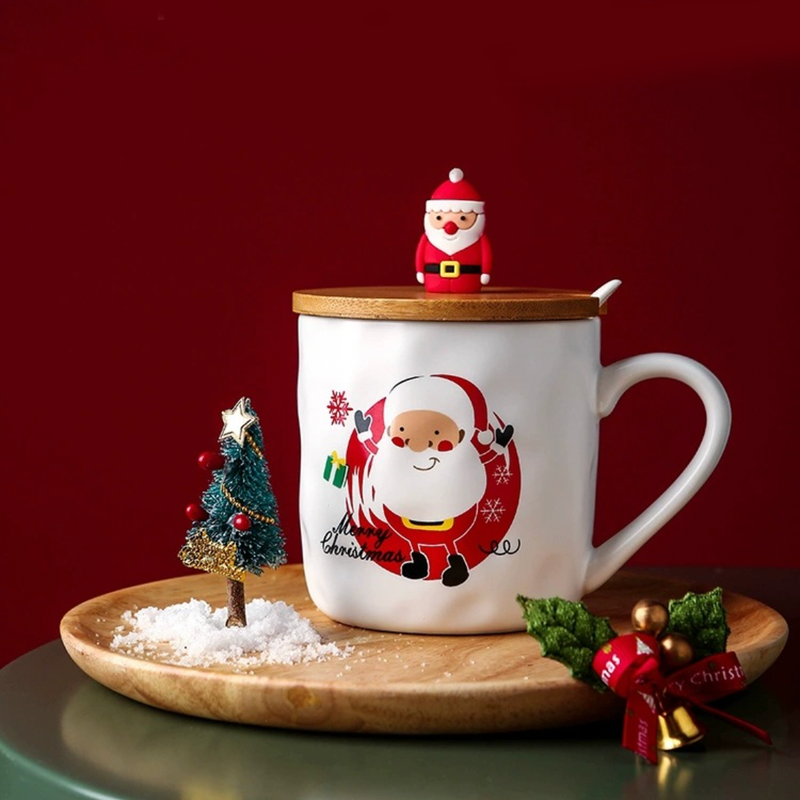 Christmas Cup With Wooden Lid- Mug for coffee, tea mug, cappuccino mug | Cups and Mugs for Coffee Table & Home Decor
