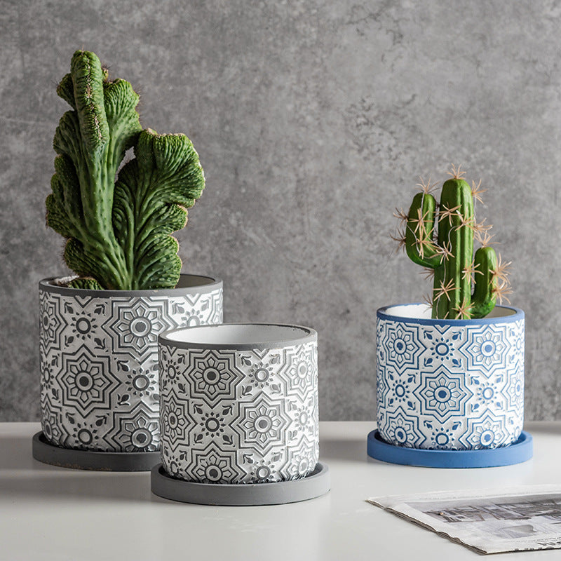 Round Geometric Floral Pot With Plate - Indoor planters and flower pots | Home decor items