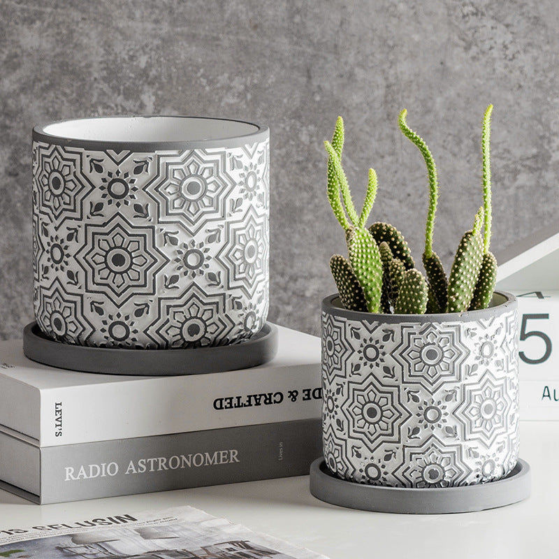Round Geometric Floral Pot With Plate - Indoor planters and flower pots | Home decor items
