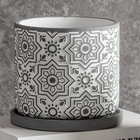Round Geometric Floral Pot With Plate - Indoor planters and flower pots | Home decor items