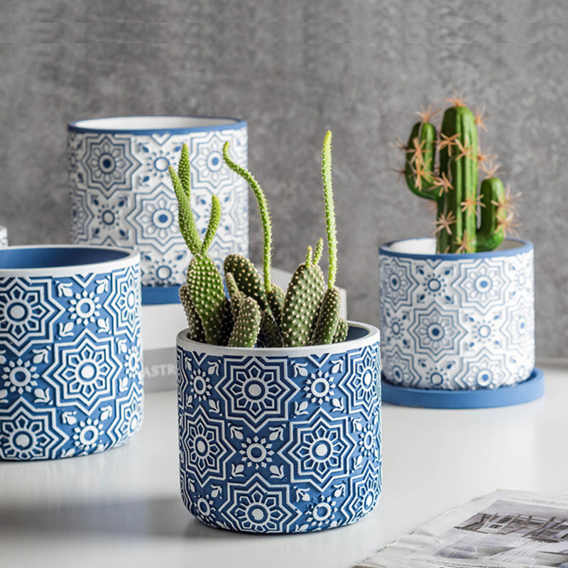 Round Geometric Floral Pot With Plate - Indoor planters and flower pots | Home decor items