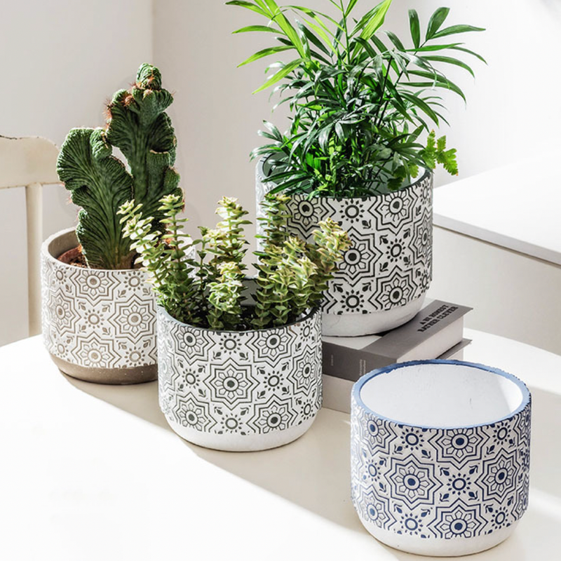 Floral Geometric Blue White Pot - Indoor planters and flower pots | Home decor items