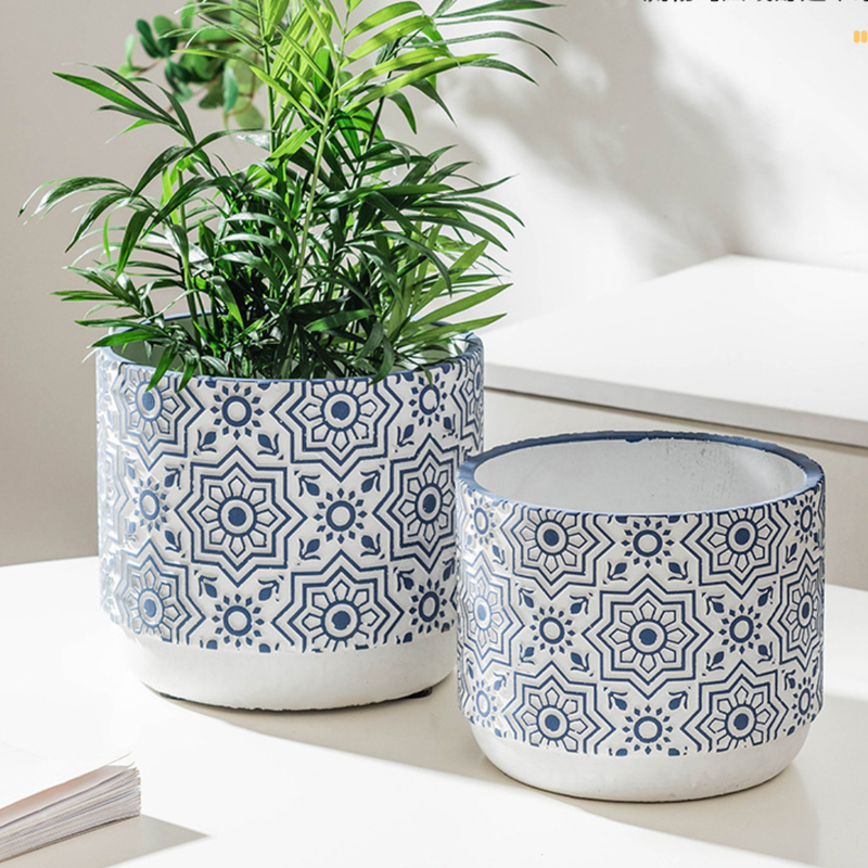 Floral Geometric Blue White Pot - Indoor planters and flower pots | Home decor items