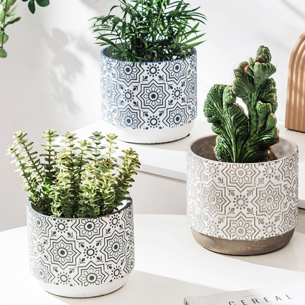 Floral Geometric Blue White Pot - Indoor planters and flower pots | Home decor items