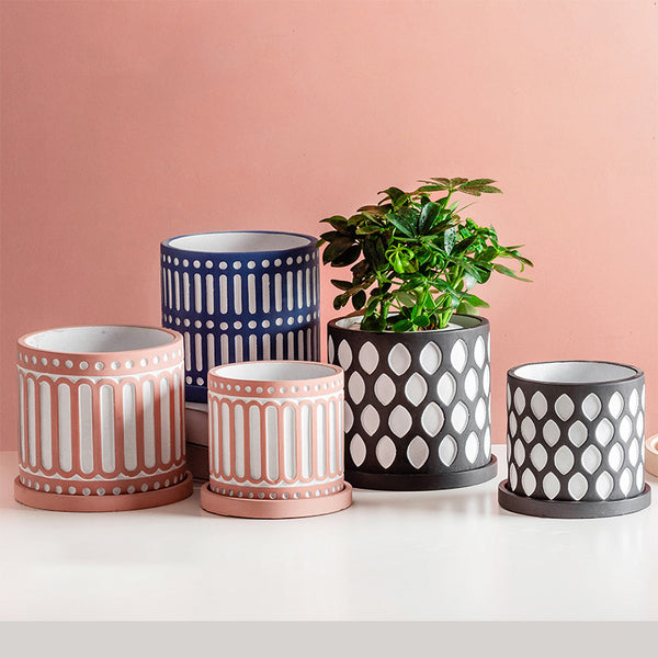 Sculpted Ceramic Pot With Plate - Indoor planters and flower pots | Home decor items
