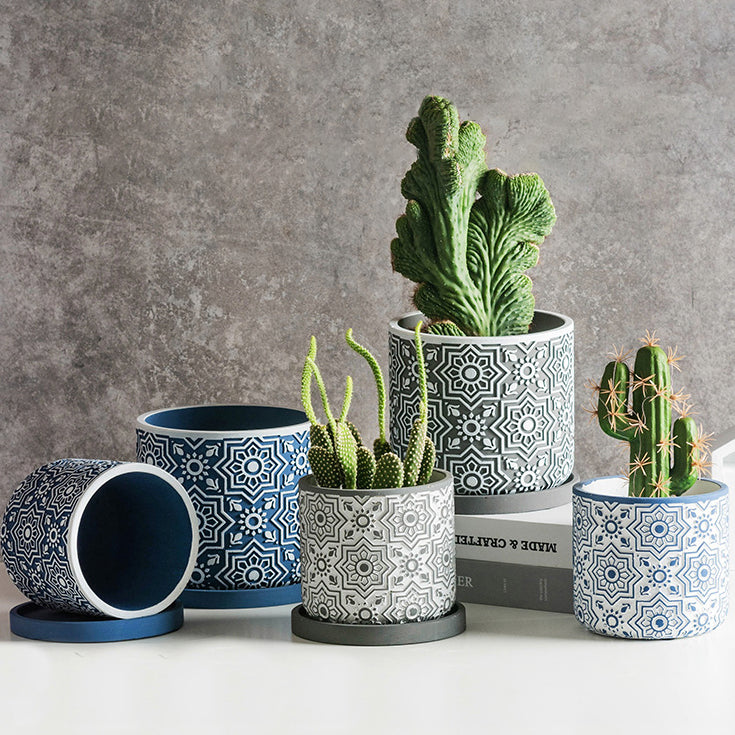 Round Geometric Floral Pot With Plate - Indoor planters and flower pots | Home decor items
