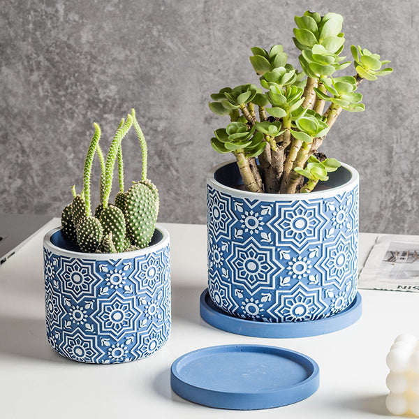 Blue Elegant Ceramic Pot with Plate - Indoor planters and flower pots | Home decor items