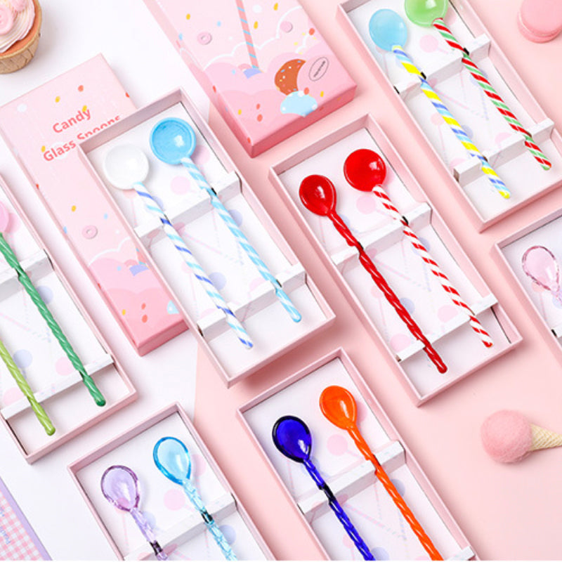 White Blue Glass Spoon Stirrer Set Of Two 6.5 Inch