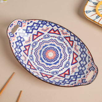 Mandala Blue Ceramic Baking Plate With Handle - Ceramic platter, serving platter, fruit platter | Plates for dining table & home decor